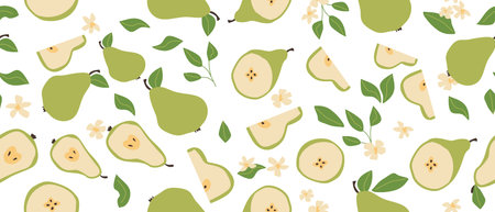 Hand drawn abstract bright fruit pear pattern with plant parts and sliced food. Seamless pattern for...