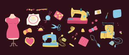 Hand drawn sewing, knitting elements. Cute Handcraft collection, dressmaking, handcraft bundle. Cute...