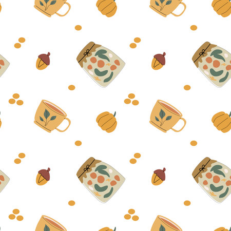 Autumn fall thanksgiving day seamless pattern with cute leaves, things, pumkins. Harvest decoration design. Square background with leaves, acorns, nuts.のイラスト素材