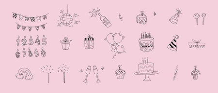 Birthday decorative elements bundle. Party objects collection. Doodle event decoration elements set with gifts, cakes, baloons, wine glasses. Can be used for celebration design.のイラスト素材