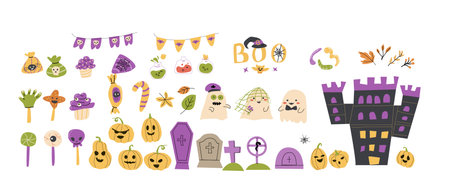 Childrens Halloween party elements set. Collection of cute ghosts, pumkin, sweets, graves. Kids spooky party decoration festive elements with Halloween characters.のイラスト素材