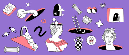 Surrealism elements set with abstract Greek ancient sculptures. Vector hand drawn illustrations of modern statues and cosmic space, geometry psychedelic shapes set. Sticker pack.のイラスト素材