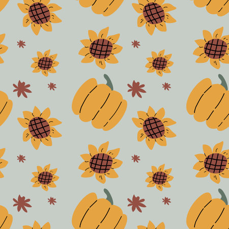 Autumn fall thanksgiving day seamless pattern with cute leaves, things, pumkins. Harvest decoration design. Square background with leaves, acorns, nuts.のイラスト素材