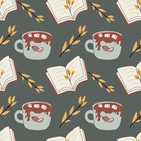 Autumn fall thanksgiving day seamless pattern with cute leaves, things, pumkins. Harvest decoration design. Square background with leaves, acorns, nuts.のイラスト素材