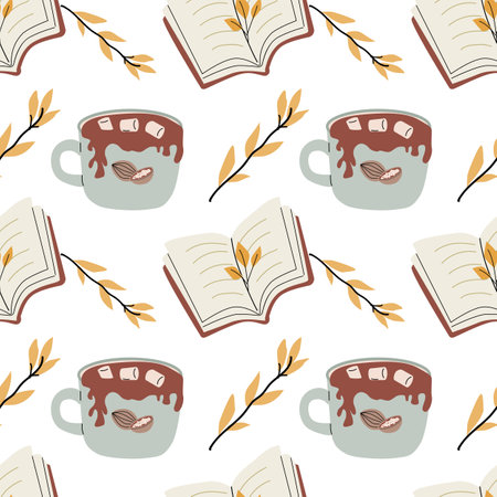 Autumn fall thanksgiving day seamless pattern with cute leaves, things, pumkins. Harvest decoration design. Square background with leaves, acorns, nuts.のイラスト素材