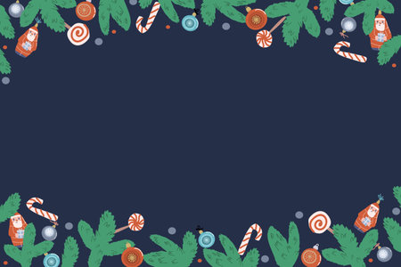 Xmas banner with candy cane and lollipop, fir branch and baubles. Traditional christmas festive background in flat style. Hand drawn vector illustration.のイラスト素材