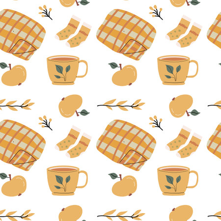 Autumn fall thanksgiving day seamless pattern with cute leaves, things, pumkins. Harvest decoration design. Square background with leaves, acorns, nuts.のイラスト素材