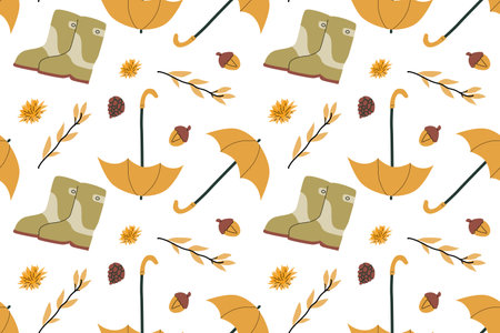 Autumn fall thanksgiving day seamless pattern with cute leaves, things, pumkins. Harvest decoration design. Square background with leaves, acorns, nuts.のイラスト素材