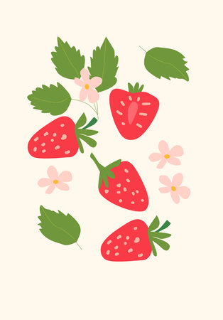 Abstract vertical strawberry poster, vector flat illustration. Summer or autumn bright pattern with berry, harvest cover design. Can used for labels, market ad, posters, covers for print.のイラスト素材