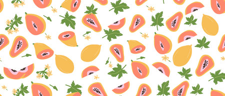 Hand drawn abstract papaya fruit pattern with plant parts and sliced food. Seamless pattern with papaya for textile, wrapping paper, posters. Fashion textures.のイラスト素材