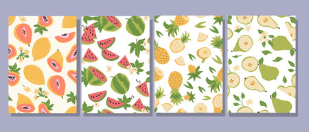 Abstract modern posters with fruits, flat design collection. Set of Vertical cards with tropical fruits whole, slices, pieces. Papaya, watermelon, pineapple, pearl pattern set.のイラスト素材