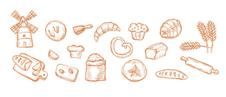Bread collection in retro style. Sketch of wheat, bun, croissant, flour, mill and other icons. Rural elements of harvest, bakery shop.のイラスト素材