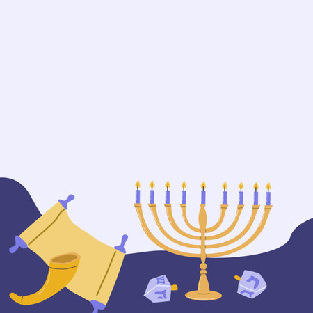 Hanukkah celebration symbols: menorah, dreidels, shofar, and torah scroll illustration.のイラスト素材