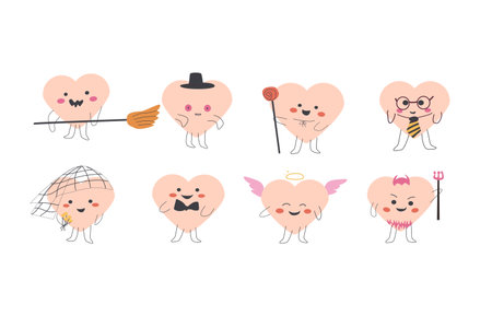 Charming Valentines Day heart characters in various costumes and accessories.のイラスト素材