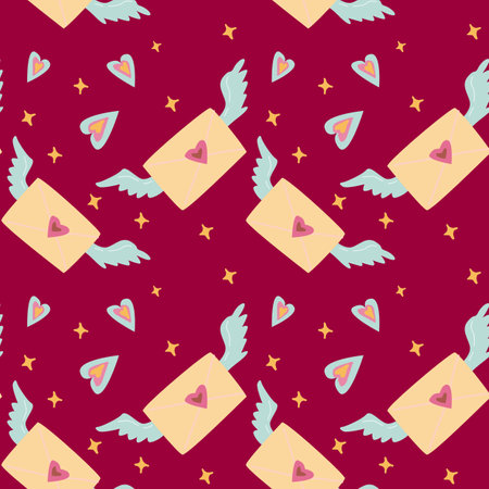Whimsical winged envelopes and hearts pattern on deep red background.のイラスト素材