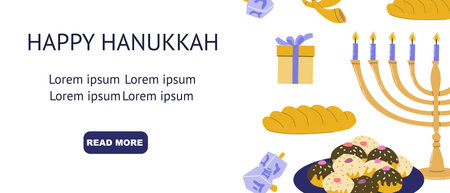 Festive Hanukkah celebration with menorah, dreidel, and holiday treats.のイラスト素材