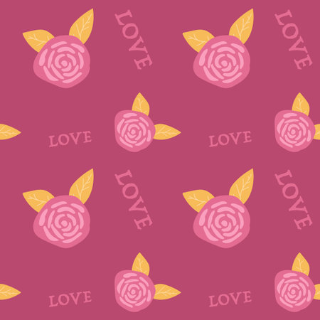 Floral pattern with pink roses and love text on burgundy background.のイラスト素材