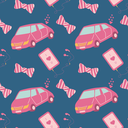 Playful pink car, phone, and bow pattern on blue background for kids' designs.のイラスト素材