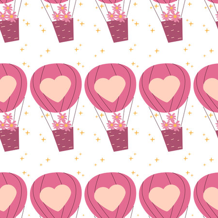 Pink heart hot air balloon pattern with floral accents.のイラスト素材