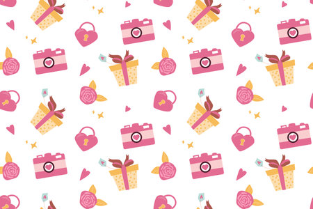 Cute pattern with pink gifts, hearts, locks, and flowers in playful design.のイラスト素材