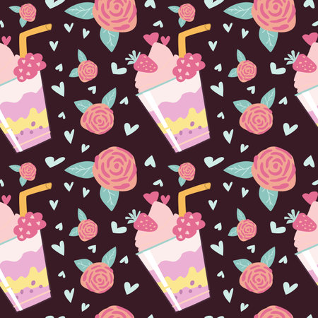 Charming strawberry milkshake and floral pattern on dark background.のイラスト素材