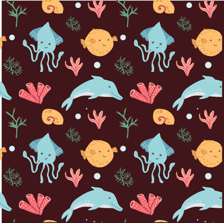 Colorful marine pattern with dolphins, squid, and coral on dark background.のイラスト素材