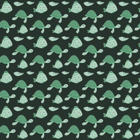 Seamless green turtle and lemon pattern on dark background.のイラスト素材