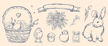 Happy easter graphic ink elements. Hand drawn outline sketch of bunny, eggs, chicken, spring flowers and roses. Pencil drawing art.のイラスト素材