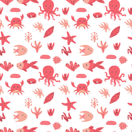 Colorful marine life pattern with octopus, fish, crab, starfish, and coral elements.のイラスト素材