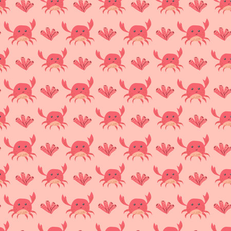Cute pink crab and seashell pattern on light background.のイラスト素材