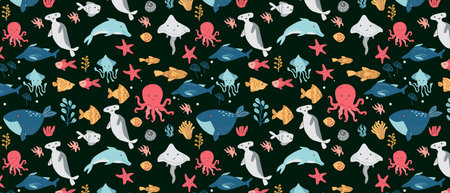 Colorful marine pattern with whales, dolphins, sharks, and octopuses.のイラスト素材