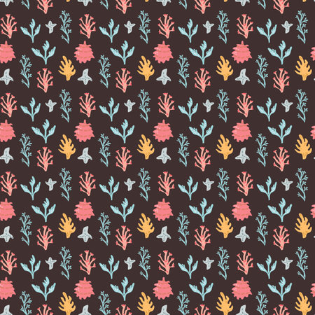 Colorful coral pattern on dark background with marine motifs.のイラスト素材