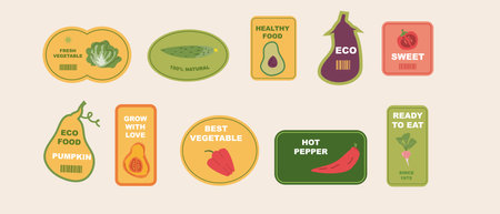 Colorful eco food labels: fresh, healthy, sustainable produce stickers.のイラスト素材