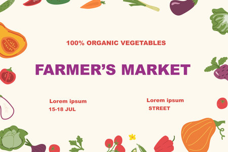 Farmers market promotion with organic vegetables and event details.のイラスト素材