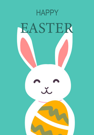 Happy easter bunny holding decorated egg on teal background. Easter abstract modern card.のイラスト素材