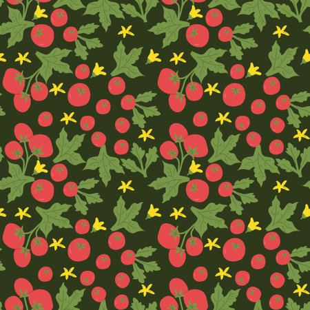Seamless cherry tomato and arugula leaf pattern with yellow flowers.