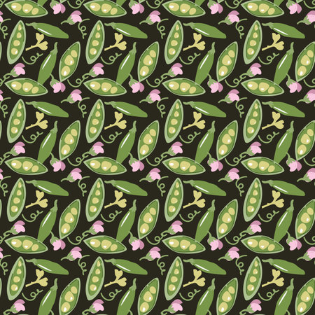 Seamless pattern of green peas and flowers on dark background.のイラスト素材