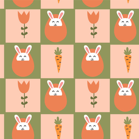 Happy easter themed pattern with cute bunny, carrot, and tulip motifs for festive decoration.のイラスト素材