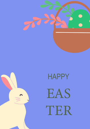 Happy easter design with bunny and decorated egg basket for festive celebrations.のイラスト素材