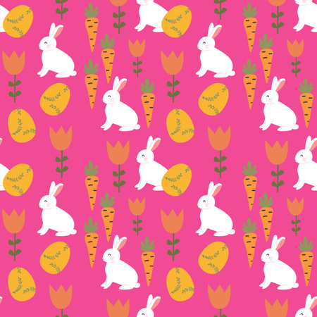 Happy easter patterns with bunnies, eggs, and carrots for festive design.のイラスト素材