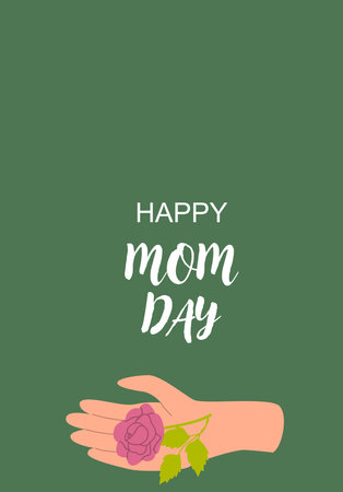 Happy mom day card with rose on open hand illustration against green background.のイラスト素材