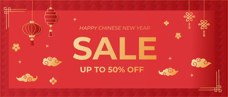 Sale Banner for Chinese New Year. Realistic vector paper cut illustration of oriental flowers, clouds on red background. Asian Lunar Year template with stars, flowers, lanterns and luck symbols.のイラスト素材