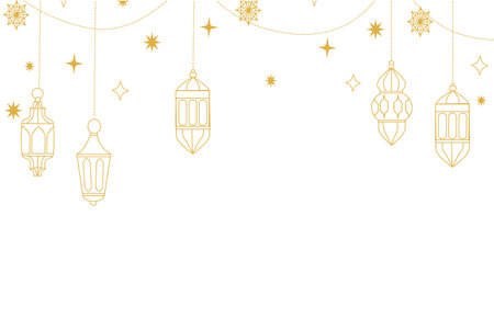 Ramadan celebration with golden arabic lanterns and stars design for festive greeting cards.のイラスト素材