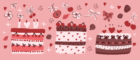 Decorative cakes with hearts and cherries on a pink background. Hand drawn romantic elements set in coquette doodle.のイラスト素材