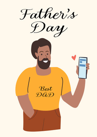 Father's day greeting card design with best dad message featuring a happy father holding a smartphone.のイラスト素材