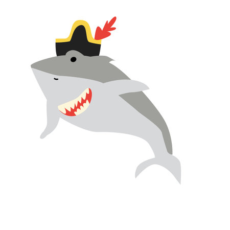 Cartoon pirate shark with hat and feather on white background.のイラスト素材