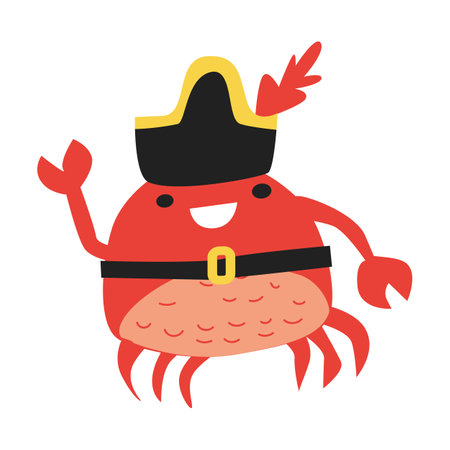 Cheerful cartoon pirate crab with hat and belt waving.のイラスト素材