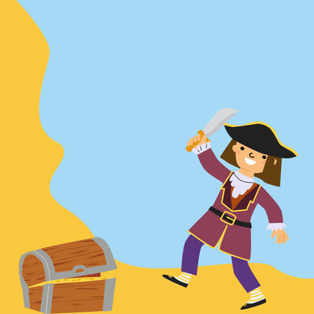 Young caucasian pirate boy with treasure chest and sword on tropical beach illustration.のイラスト素材