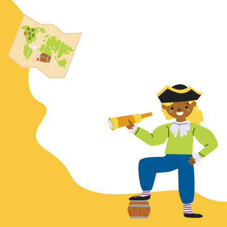 Young african child pirate with telescope and treasure map adventure.のイラスト素材