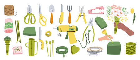 Florist equipment collection for floral arrangement and garden design. Glue gun. floral foam, scissors, bouquet holder, different tapes and other elements.のイラスト素材